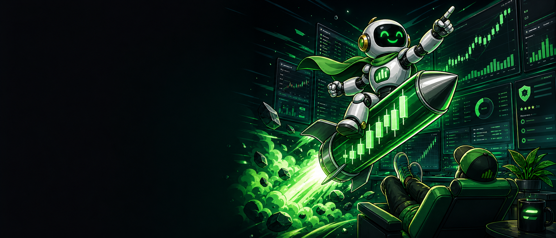Cartoon robot trader riding an emerald candlestick rocket above automated trading dashboards